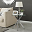 Novara Round Tempered Glass Side End Table with Angled Starburst Silver Chrome Metal Legs for Modern Glam Minimalist Living Room
