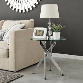 Novara Round Tempered Glass Side End Table with Angled Starburst Silver Chrome Metal Legs for Modern Glam Minimalist Living Room