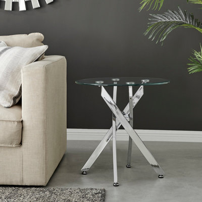Novara Round Tempered Glass Side End Table with Angled Starburst Silver Chrome Metal Legs for Modern Glam Minimalist Living Room