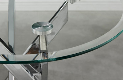 Novara Round Tempered Glass Side End Table with Angled Starburst Silver Chrome Metal Legs for Modern Glam Minimalist Living Room