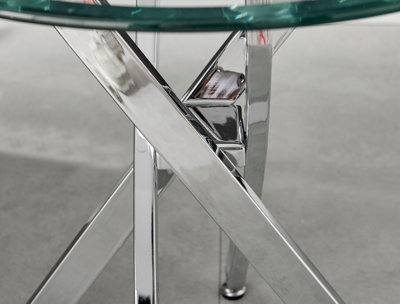 Novara Round Tempered Glass Side End Table with Angled Starburst Silver Chrome Metal Legs for Modern Glam Minimalist Living Room