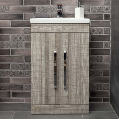 Novela 515mm Floorstanding Vanity Unit in Grey Wood Effect with Ceramic Basin