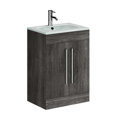 Novela 600mm Floorstanding Vanity Unit in Dark Wood with Glass Basin