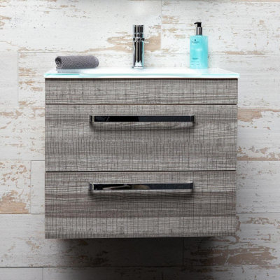 Novela 600mm Grey Wood Effect Wall Hung Vanity Unit with Glass Basin