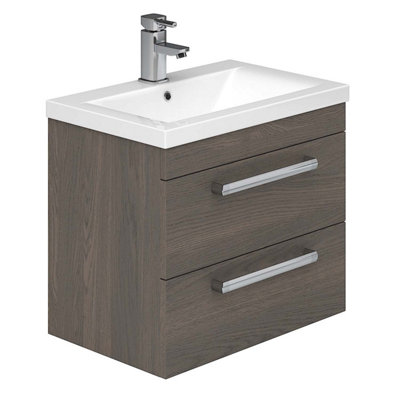 Novela 600mm Wall Hung Vanity Unit in Dark Wood with Ceramic Basin