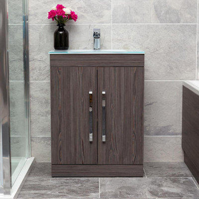 Novela 600mm Wall Mounted Vanity Unit in Dark Wood with Glass Basin