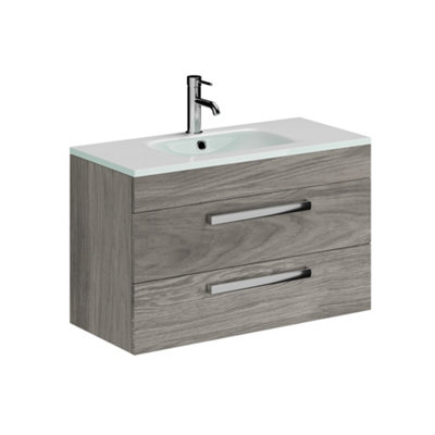 Novela 800mm Grey Wood Wall Hung Vanity Unit with Glass Basin DIY at B&Q