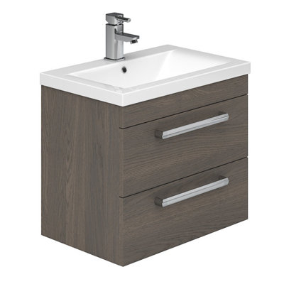 Novela Dark Wood Wall Hung Vanity Unit with Ceramic Sink (W)600mm