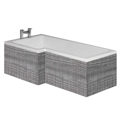 Novela Left Hand Super Strong L-Shape Shower Bath - 1700x820mm with Grey Wood Panel