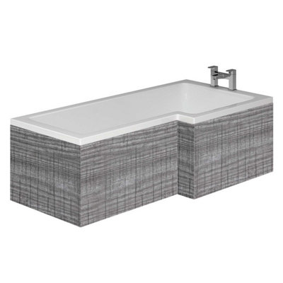 Novela Right Hand Super Strong L-Shape Shower Bath - 1700x820mm with Grey Wood Panel