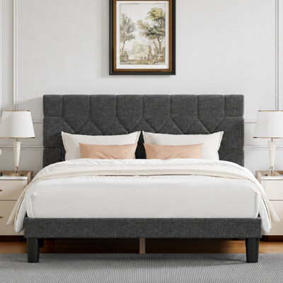 Novilla Velvet Upholstered Bed Frame with Adjustable Geometric Headboard