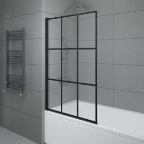 NRG 6mm Toughened Safety Glass Black Grid Straight Pivot Shower Bath Screen - 1400x800mm
