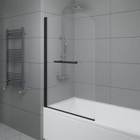 NRG 6mm Toughened Safety Glass Curved Pivot Shower Bath Screen with Towel Rail - 1400x800mm Black