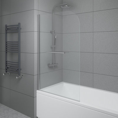NRG 6mm Toughened Safety Glass Curved Pivot Shower Bath Screen with Towel Rail - 1400x800mm Chrome