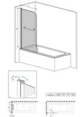 NRG 6mm Toughened Safety Glass Curved Pivot Shower Bath Screen with Towel Rail - 1400x800mm Chrome - 7