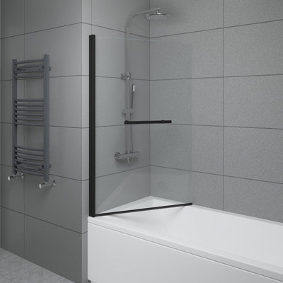 NRG 6mm Toughened Safety Glass Straight Pivot Shower Bath Screen with Towel Rail - 1400x800mm Black