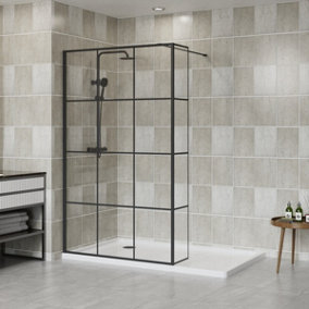 NRG Black Grid Walk In Shower Enclosure Wet Room 1200mm Glass Screen with 300mm Return Panel