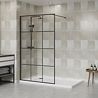 NRG Black Grid Walk In Shower Enclosure Wet Room Glass Screen Panel 8mm - 1000x1950mm