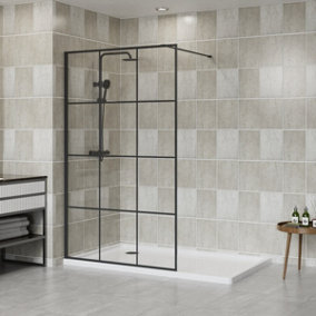 NRG Black Grid Walk In Shower Enclosure Wet Room Glass Screen Panel 8mm - 1200x1950mm