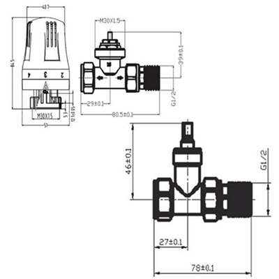 NRG Black Straight TRV Thermostatic Radiator Valve and lockshield Valve 15mm x 1/2" - 6