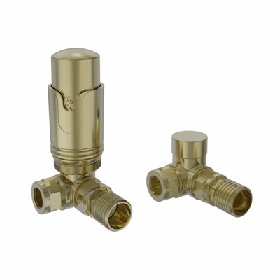 NRG Brushed Brass Corner Thermostatic Valve Radiator Valves with Lockshield Valve 15mm x 1/2"