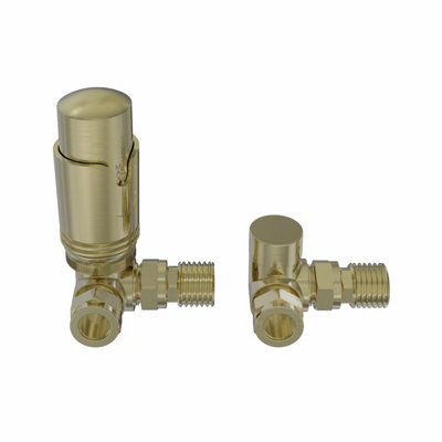 NRG Brushed Brass Corner Thermostatic Valve Radiator Valves with Lockshield Valve 15mm x 1/2"