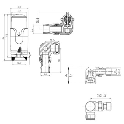 NRG Brushed Brass Corner Thermostatic Valve Radiator Valves with Lockshield Valve 15mm x 1/2" - 3