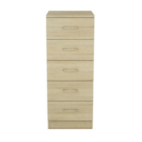NRG Chest of Drawers Bedroom Furniture Bedside Cabinet with Handle 5 Tall Narrow Drawer Oak 34.5x36x90cm