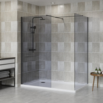 Nrg Matte Black 8mm Walk In Shower Enclosure Wet Room Grey Glass Screen 