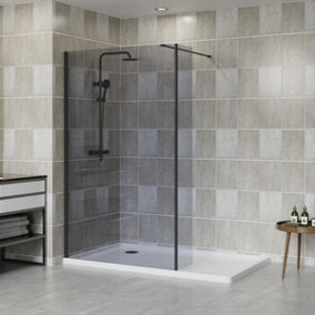 NRG Matte Black Walk In Shower Enclosure Wet Room 1400mm Grey Glass Screen with 215mm Return Panel