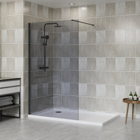 NRG Matte Black Walk In Shower Enclosure Wet Room Grey Glass Screen Panel 8mm - 1000x1950mm
