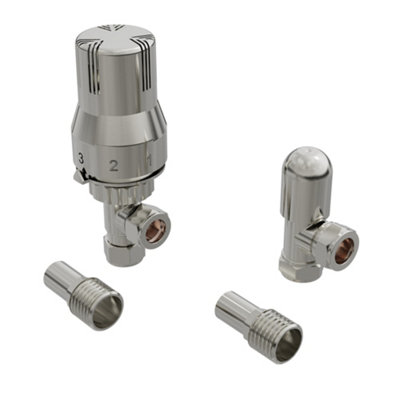 NRG Satin Nickel Angled TRV Thermostatic Radiator Valve and lockshield Valve 15mm x 1/2" - 3
