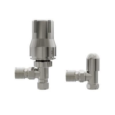 NRG Satin Nickel Angled TRV Thermostatic Radiator Valve and lockshield Valve 15mm x 1/2" - 5