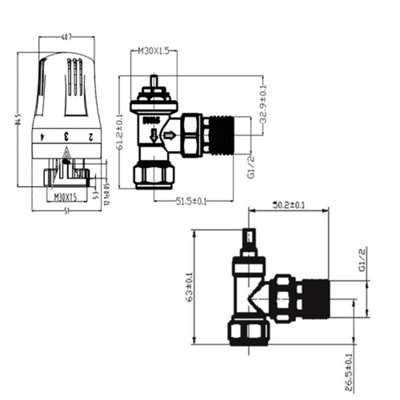 NRG Satin Nickel Angled TRV Thermostatic Radiator Valve and lockshield Valve 15mm x 1/2" - 6