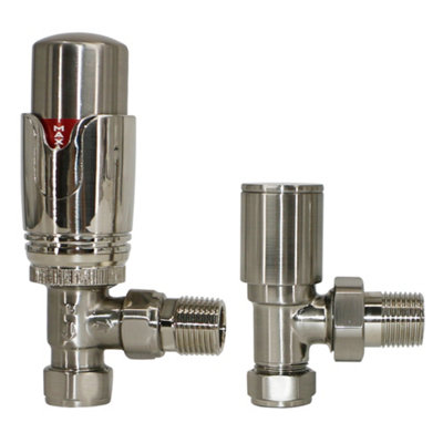 NRG Satin Nickel Angled TRV Thermostatic Radiator Valve and Manual Angled Valve 15mm x 1/2"