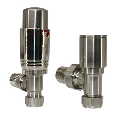 NRG Satin Nickel Angled TRV Thermostatic Radiator Valve and Manual Angled Valve 15mm x 1/2" - 4