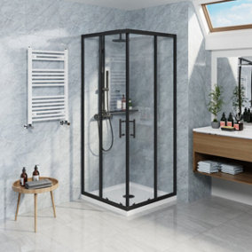 NRG Square Shower Enclosure Corner Entry Sliding Door Easy Clean Glass - 760mmx760mm Matte Black