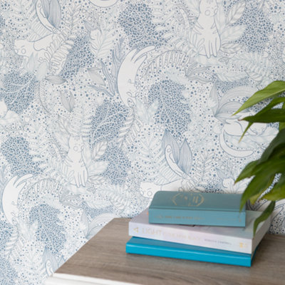 Nu Wallpaper Gato Garden Blue Self Adhesive Wallpaper 5.49m(L) 52.07cm(W)