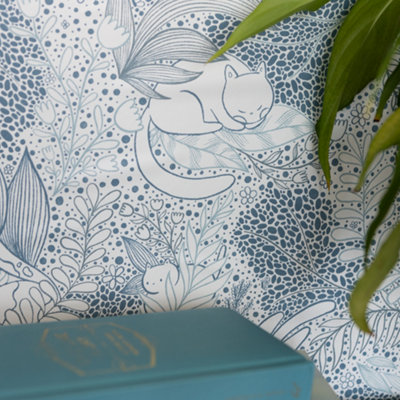 Nu Wallpaper Gato Garden Blue Self Adhesive Wallpaper 5.49m(L) 52.07cm(W)