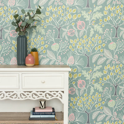 Nu Wallpaper Groovy Garden Green Self Adhesive Wallpaper 5.49m(L) 52.07cm(W)