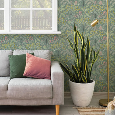 Nu Wallpaper Groovy Garden Green Self Adhesive Wallpaper 5.49m(L) 52.07cm(W)