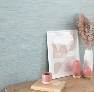 Nu Wallpaper Tibetan Grasscloth Teal Self Adhesive Wallpaper 5.49m(L) 52.07cm(W)