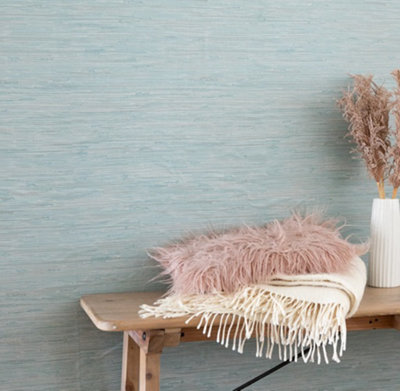 Nu Wallpaper Tibetan Grasscloth Teal Self Adhesive Wallpaper 5.49m(L) 52.07cm(W)