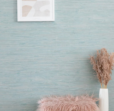 Nu Wallpaper Tibetan Grasscloth Teal Self Adhesive Wallpaper 5.49m(L) 52.07cm(W)