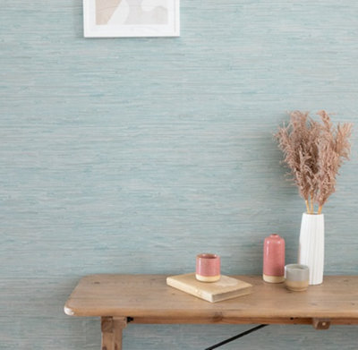Nu Wallpaper Tibetan Grasscloth Teal Self Adhesive Wallpaper 5.49m(L) 52.07cm(W)