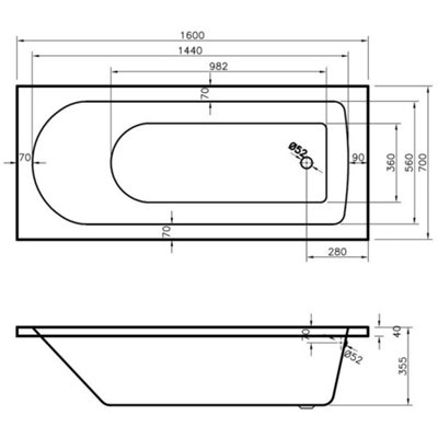 Nuie Barmby 1600 x 700mm Round Single-Ended Acrylic Bath with Leg Set, Gloss White