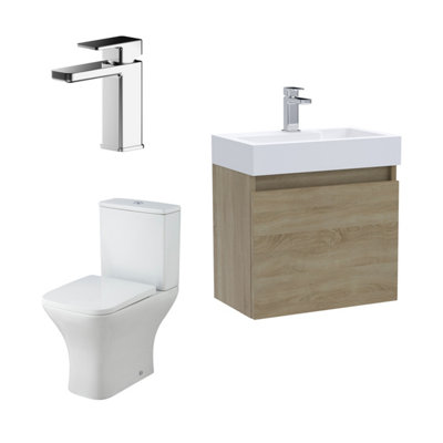 Nuie Merit Cloakroom Set Wall Hung Vanity Unit Slim 500mm Basin Tap WC Natural Oak