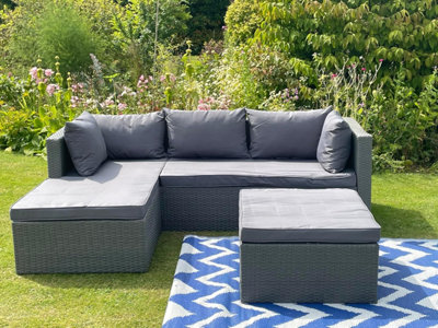 Nustone Garden Patio Rattan 3 Seat Sofa Set with Chaise Lounger and Footrest in Dark Grey