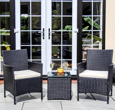 Nustone Rattan Garden Furniture Patio Bistro Set, 2 Chairs with Cushions and a Coffee Table - Black