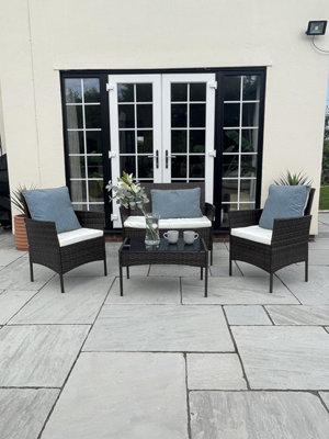 Nustone Rattan Garden Furniture Patio Bistro Set, 2 Seater Sofa, 2 Chairs with Cushions and a Coffee Table - Black